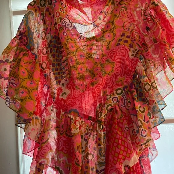 70s Sheer Boho Smocked Bodice Maxi Dress Full Sweep w Ruffled Wrap - Picture 5 of 8